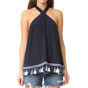 Tularosa Revolve Cory Halter Top Navy Blue Tassels Open Back Embroidered Size XS